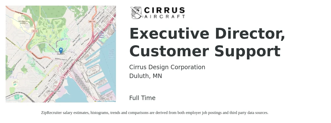 Cirrus Design Corporation job posting for a Executive Director, Customer Support in Duluth, MN with a salary of $19 to $55 Hourly with a map of Duluth location.