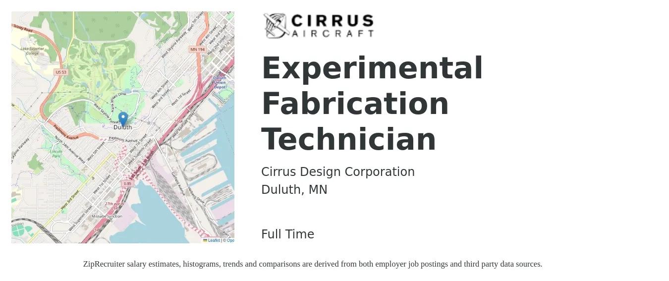Cirrus Design Corporation job posting for a Experimental Fabrication Technician in Duluth, MN with a salary of $18 to $25 Hourly with a map of Duluth location.