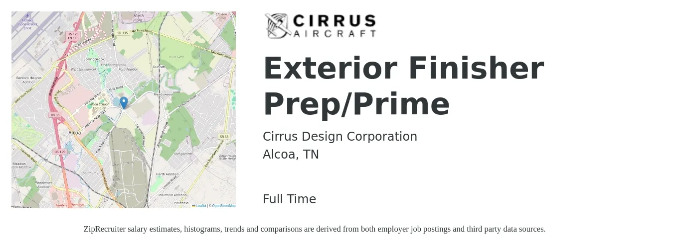 Cirrus Design Corporation job posting for a Exterior Finisher Prep/Prime in Alcoa, TN with a salary of $16 to $19 Hourly with a map of Alcoa location.