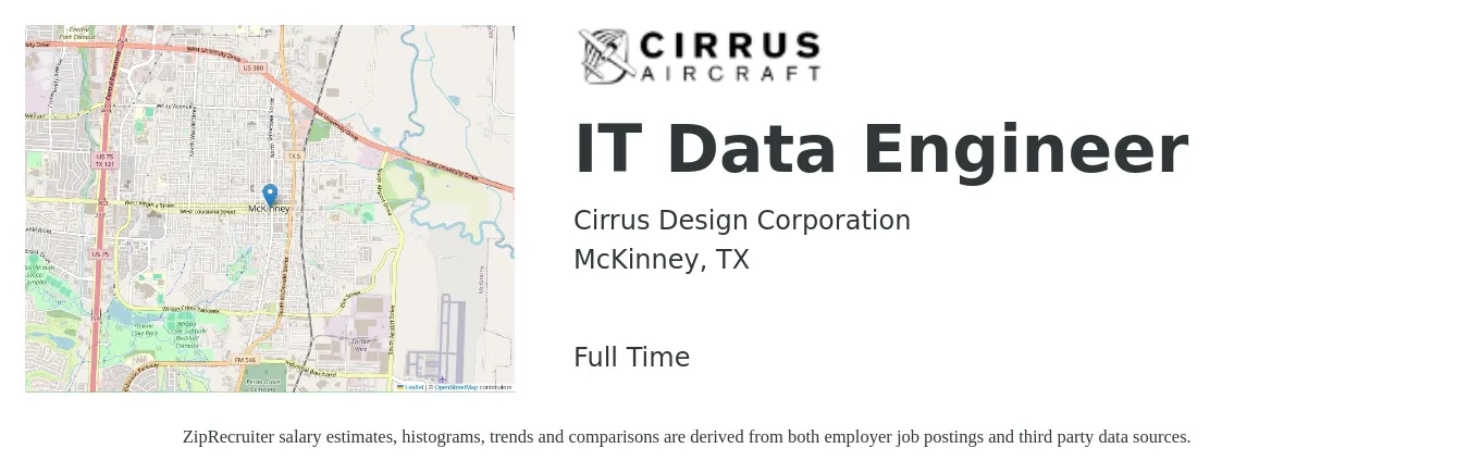 Cirrus Design Corporation job posting for a IT Data Engineer in McKinney, TX with a salary of $99,600 to $119,600 Yearly with a map of McKinney location.