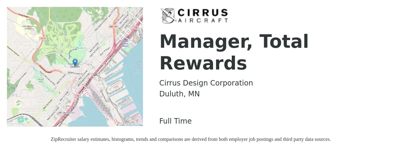 Cirrus Design Corporation job posting for a Manager, Total Rewards in Duluth, MN with a salary of $79,000 to $106,800 Yearly with a map of Duluth location.