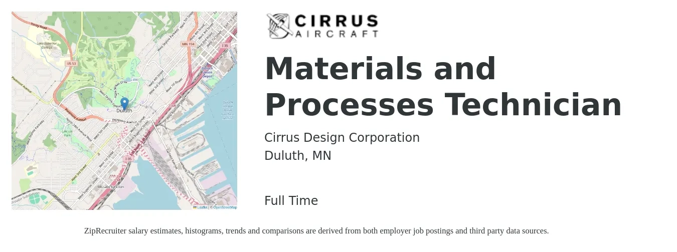 Cirrus Design Corporation job posting for a Materials and Processes Technician in Duluth, MN with a salary of $20 to $34 Hourly with a map of Duluth location.