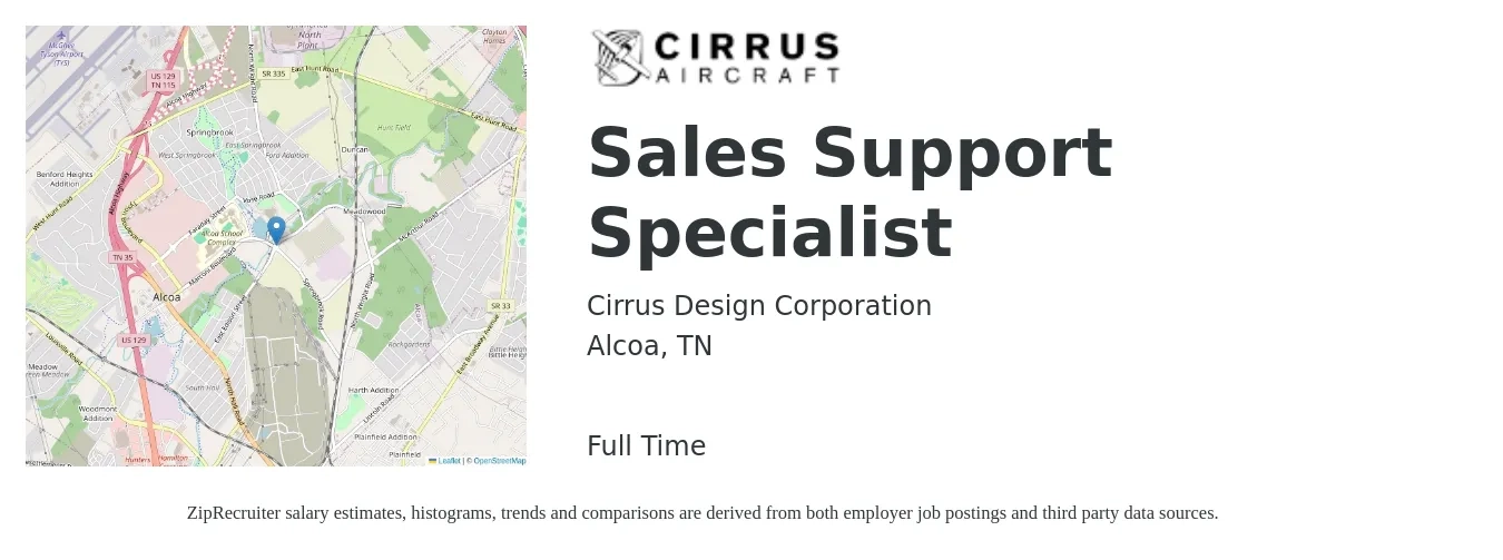 Cirrus Design Corporation job posting for a Sales Support Specialist in Alcoa, TN with a salary of $20 to $26 Hourly with a map of Alcoa location.