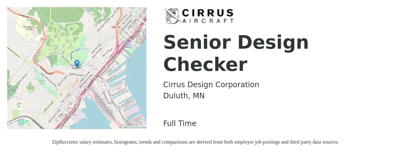 Cirrus Design Corporation job posting for a Senior Design Checker in Duluth, MN with a salary of $51 to $67 Hourly with a map of Duluth location.