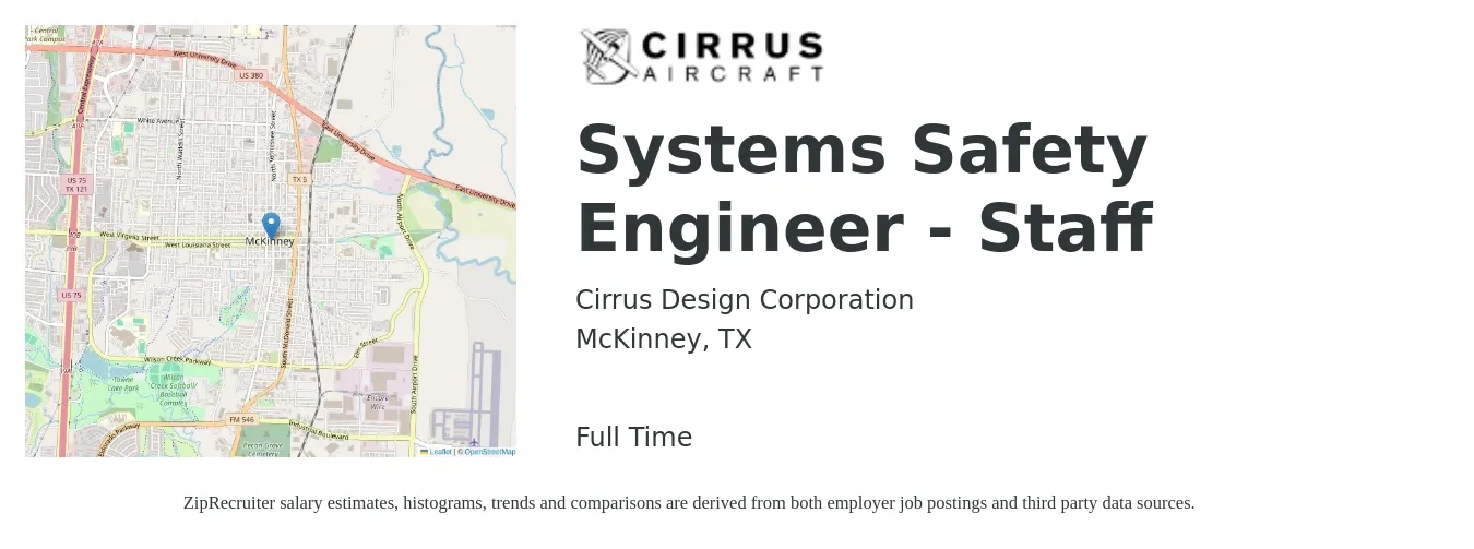 Cirrus Design Corporation job posting for a Systems Safety Engineer - Staff in McKinney, TX with a salary of $49 to $72 Hourly with a map of McKinney location.