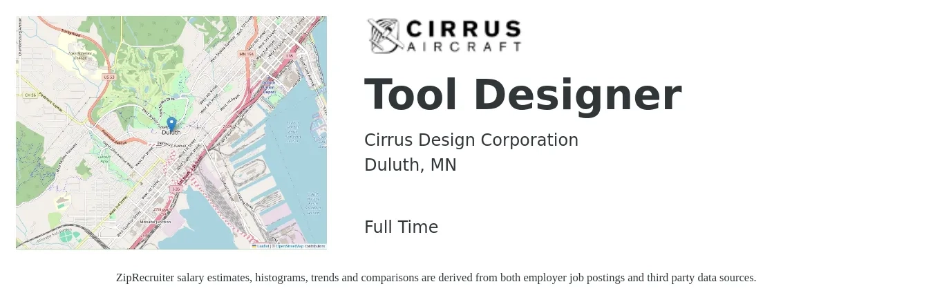 Cirrus Design Corporation job posting for a Tool Designer in Duluth, MN with a salary of $32 to $46 Hourly with a map of Duluth location.