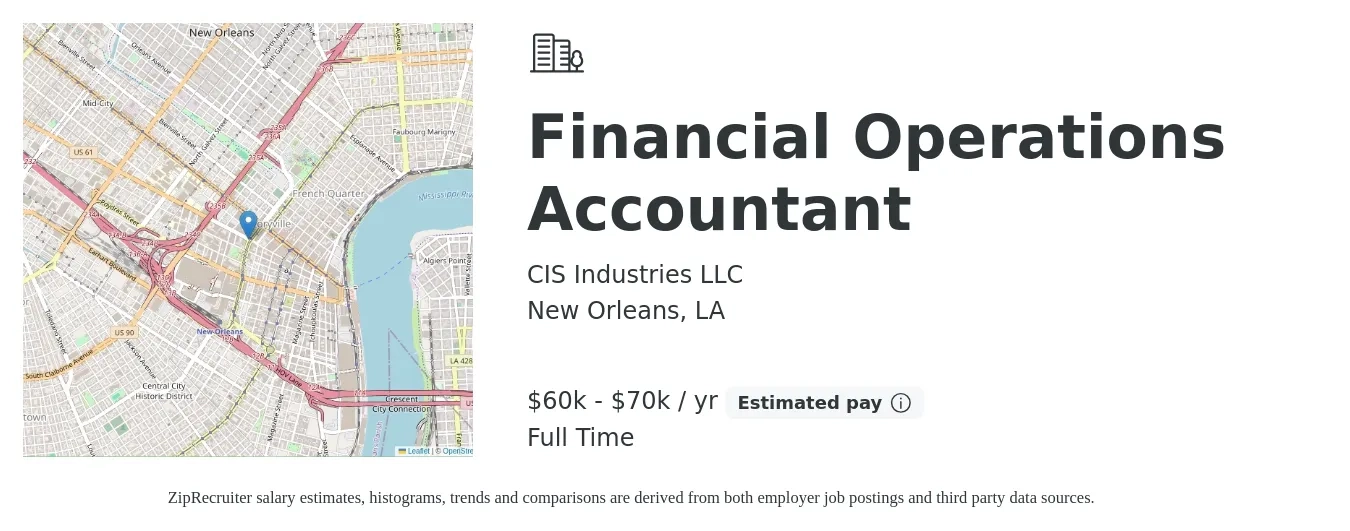 CIS Industries LLC job posting for a Financial Operations Accountant in New Orleans, LA with a salary of $60,000 to $70,000 Yearly with a map of New Orleans location.