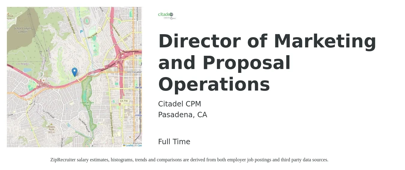 Citadel CPM job posting for a Director of Marketing and Proposal Operations in Pasadena, CA with a salary of $91,300 to $155,000 Yearly with a map of Pasadena location.