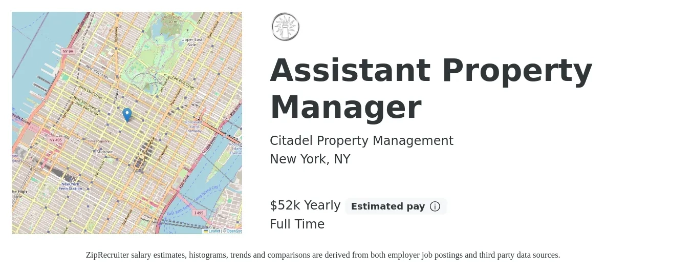 Citadel Property Management job posting for a Assistant Property Manager in New York, NY with a salary of $52,000 Yearly with a map of New York location.