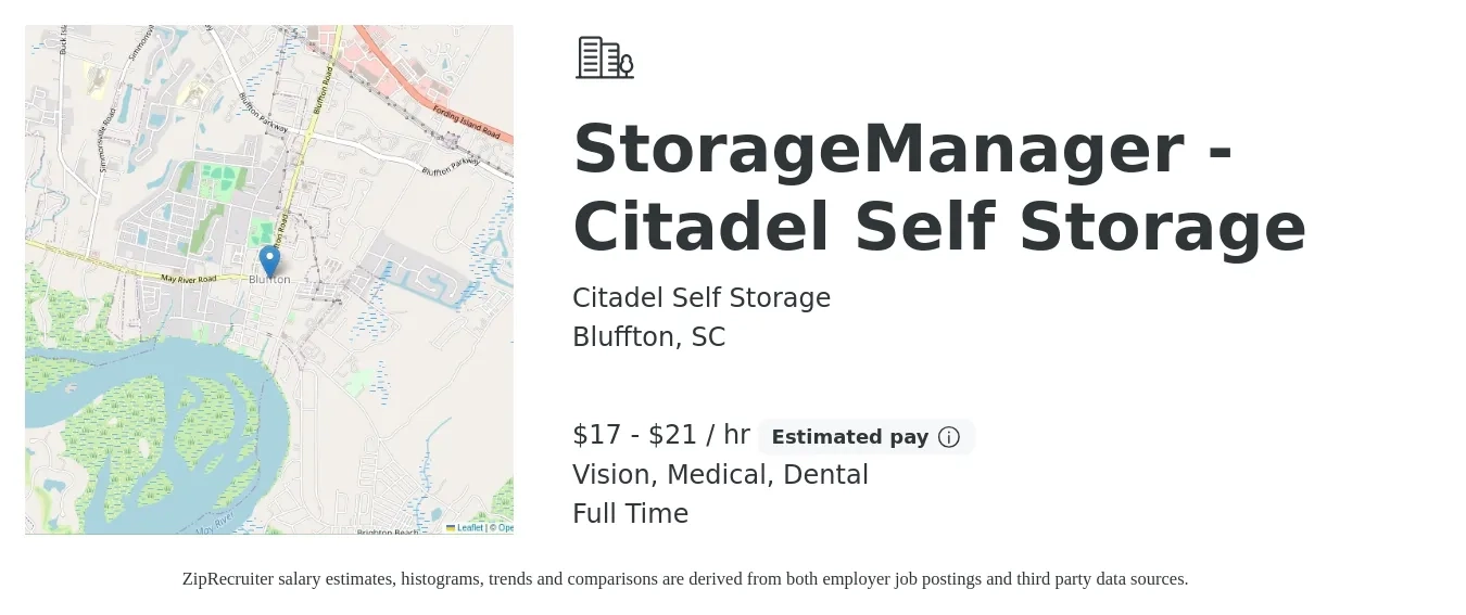 Citadel Self Storage job posting for a StorageManager -Citadel Self Storage in Bluffton, SC with a salary of $18 to $22 Hourly (plus commission) and benefits including pto, retirement, vision, dental, life_insurance, and medical with a map of Bluffton location.