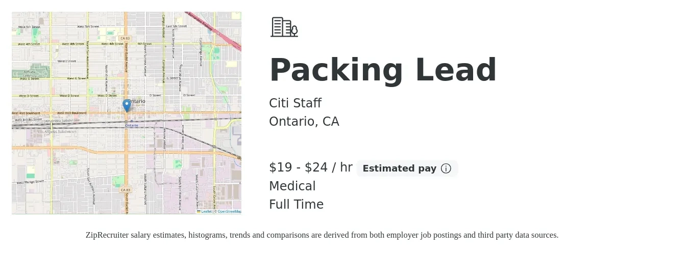 Citi Staff job posting for a Packing Lead in Ontario, CA with a salary of $20 to $25 Hourly and benefits including medical with a map of Ontario location.