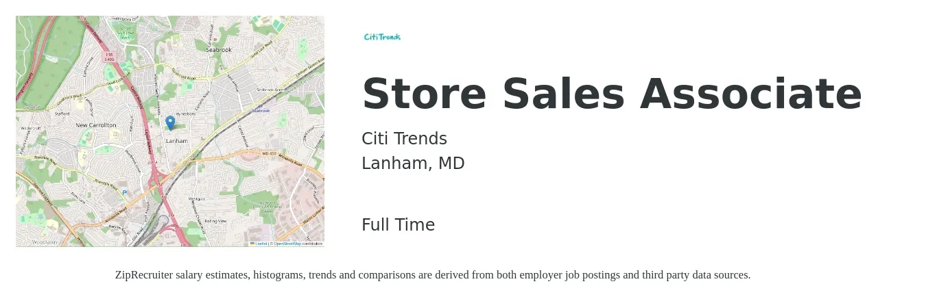 Citi Trends job posting for a Store Sales Associate in Lanham, MD with a salary of $15 to $17 Hourly with a map of Lanham location.