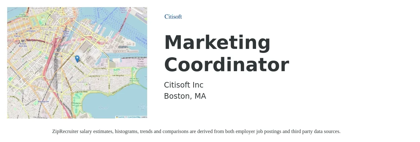 Citisoft job posting for a Marketing Coordinator in Boston, MA with a salary of $46,200 to $63,600 Yearly with a map of Boston location.