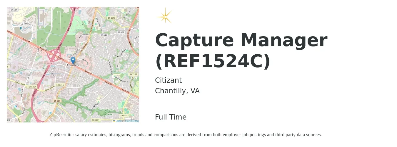 Citizant job posting for a Capture Manager (REF1524C) in Chantilly, VA with a salary of $60,500 to $111,100 Yearly with a map of Chantilly location.