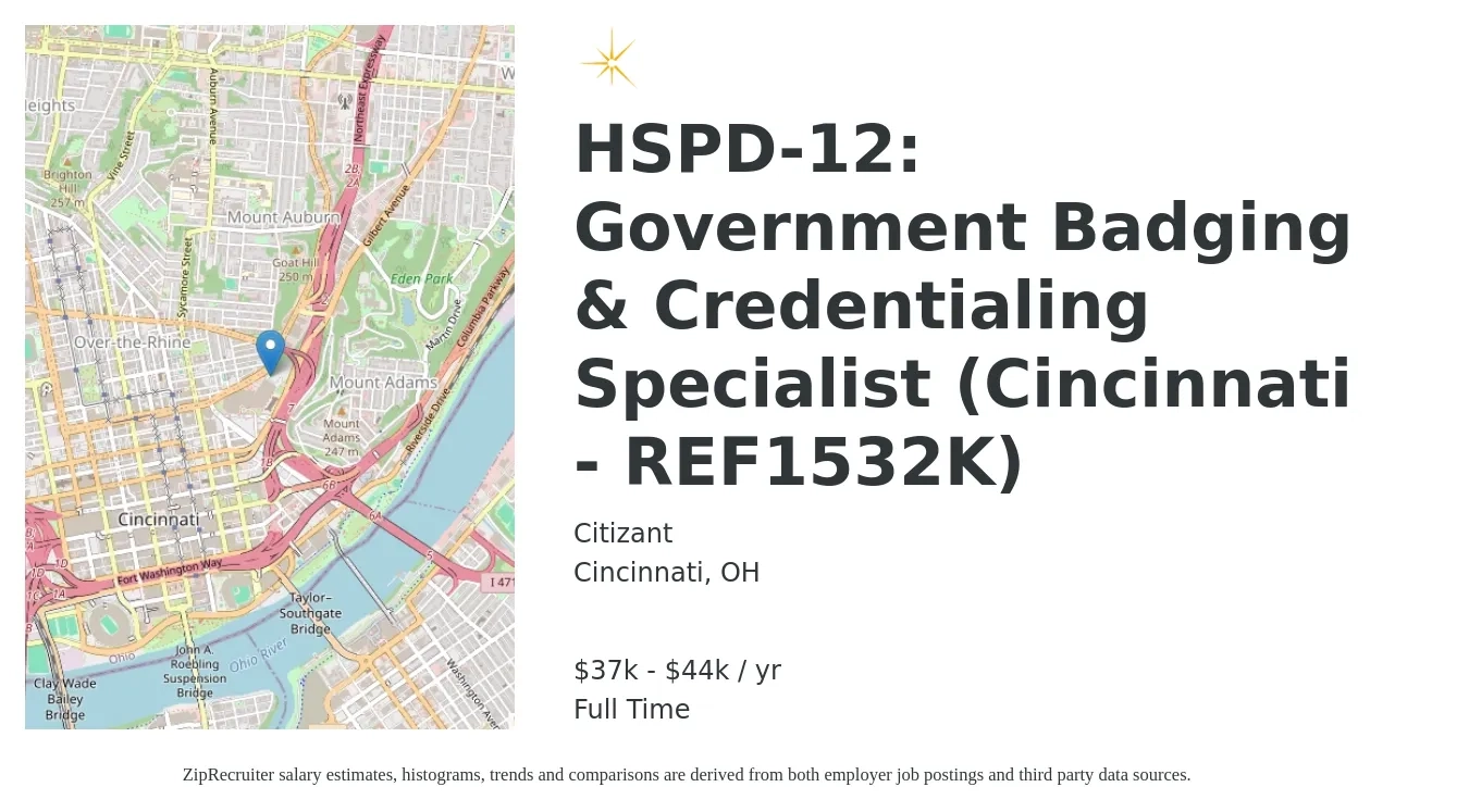 Citizant job posting for a HSPD-12: Government Badging & Credentialing Specialist (Cincinnati - REF1532K) in Cincinnati, OH with a salary of $37,300 to $44,500 Yearly with a map of Cincinnati location.