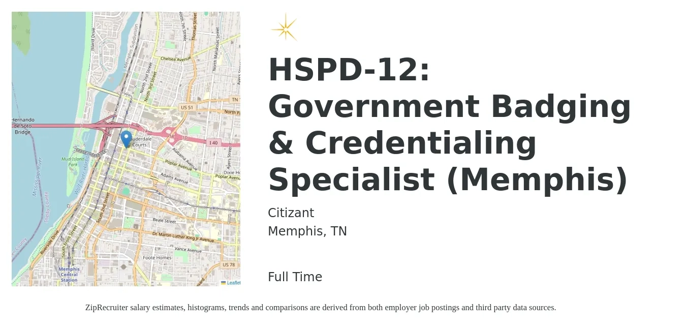 Citizant job posting for a HSPD-12: Government Badging & Credentialing Specialist (Memphis) in Memphis, TN with a salary of $34,100 to $41,000 Yearly with a map of Memphis location.