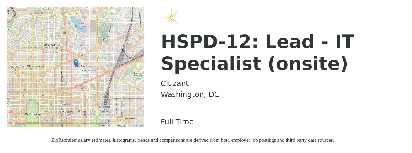 Citizant job posting for a HSPD-12: Lead - IT Specialist (onsite) in Washington, DC with a salary of $51,400 to $123,300 Yearly with a map of Washington location.
