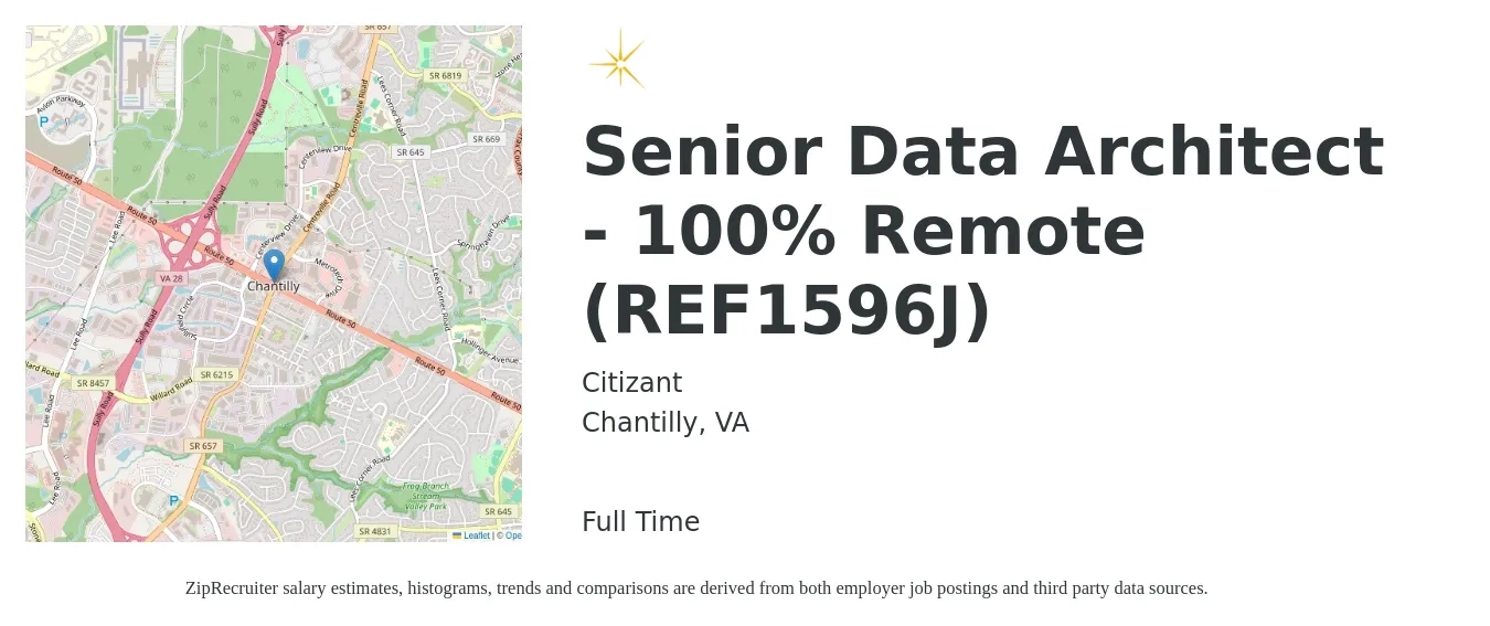 Citizant job posting for a Senior Data Architect - 100% Remote (REF1596J) in Chantilly, VA with a salary of $69 to $92 Hourly with a map of Chantilly location.
