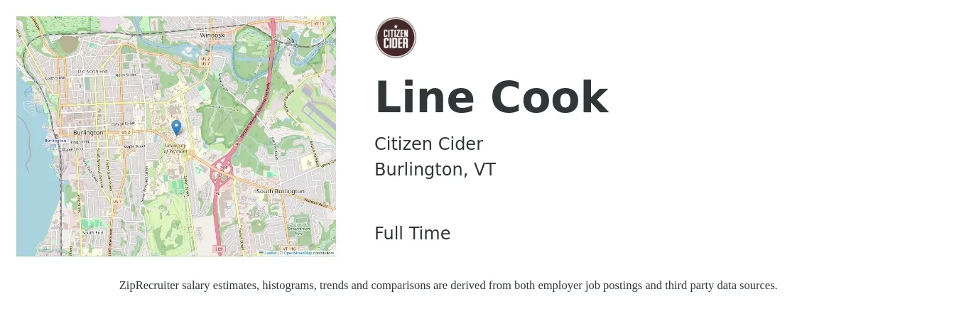 Citizen Cider job posting for a Line Cook in Burlington, VT with a salary of $16 to $20 Hourly with a map of Burlington location.