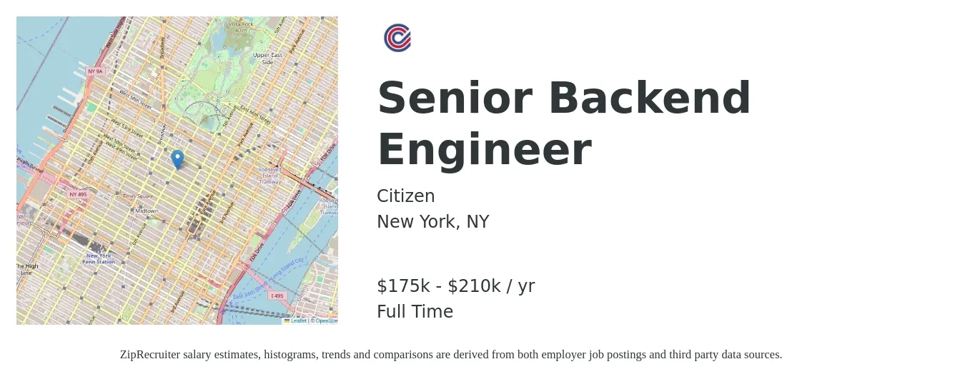 Citizen job posting for a Senior Backend Engineer in New York, NY with a salary of $175,000 to $210,000 Yearly with a map of New York location.