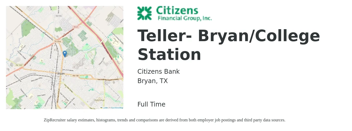 Citizens Bank job posting for a Teller- Bryan/College Station in Bryan, TX with a salary of $14 to $17 Hourly with a map of Bryan location.