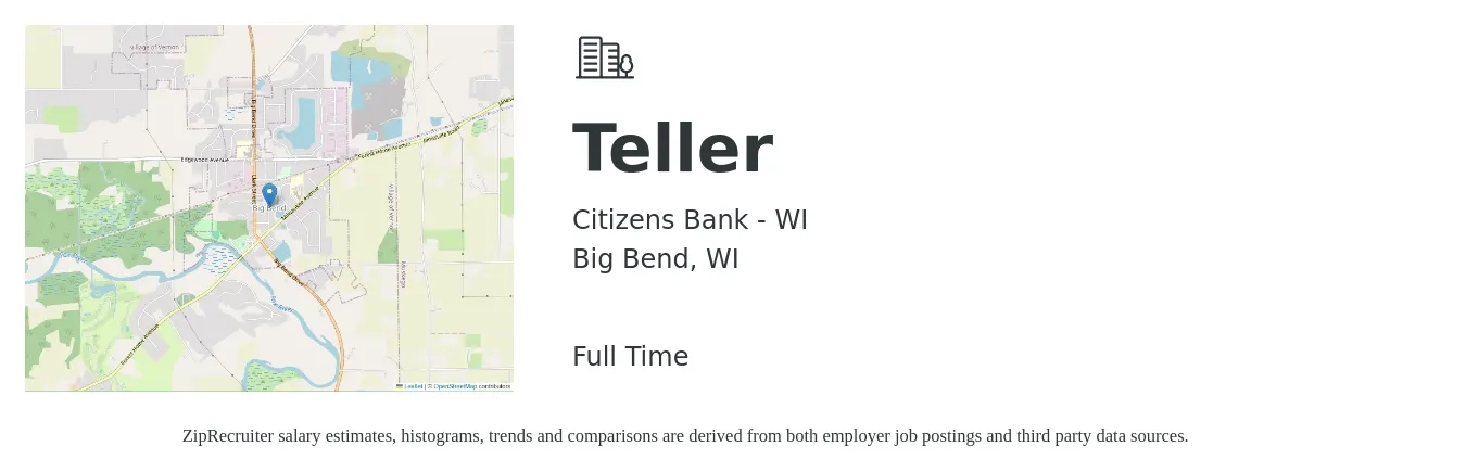 Citizens Bank - WI job posting for a Teller in Big Bend, WI with a salary of $16 to $20 Hourly with a map of Big Bend location.