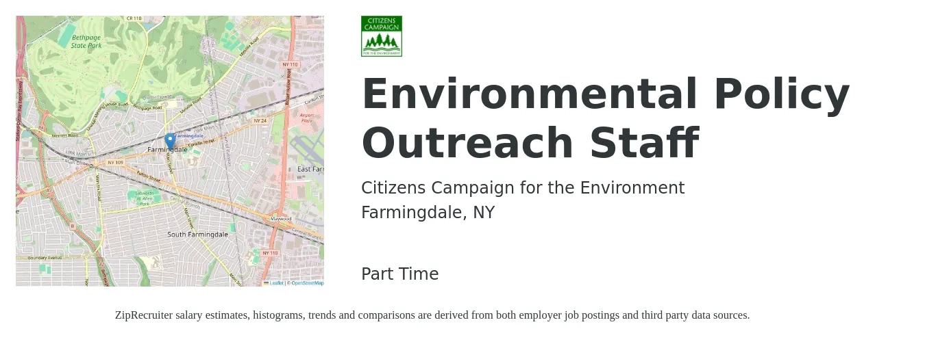 Citizens Campaign for the Environment job posting for a Environmental Policy Outreach Staff in Farmingdale, NY with a salary of $18 Hourly with a map of Farmingdale location.