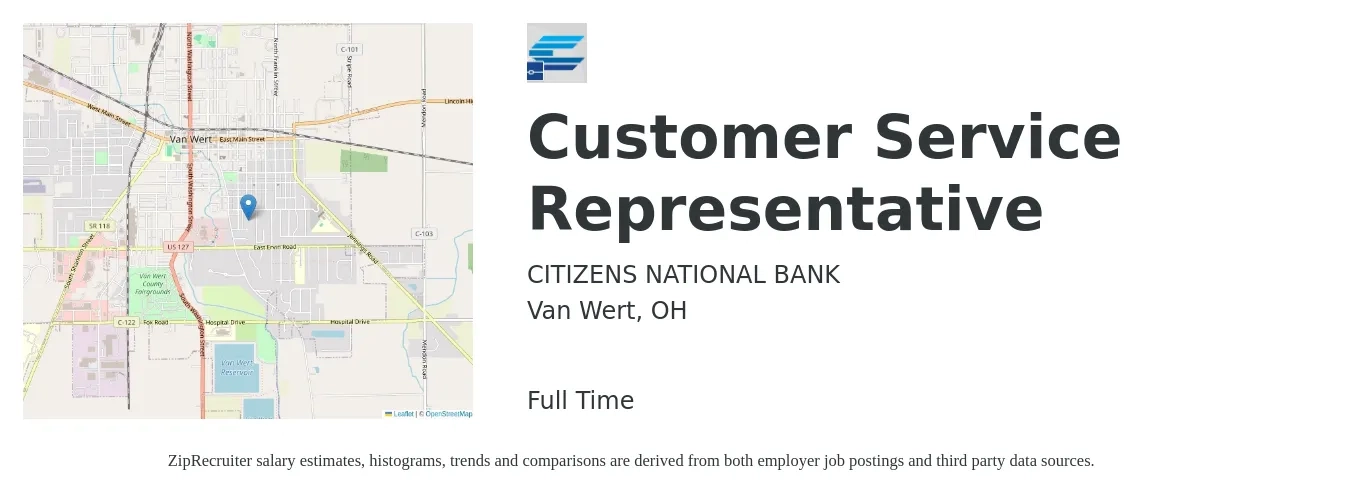 CITIZENS NATIONAL BANK job posting for a Customer Service Representative in Van Wert, OH with a salary of $14 to $20 Hourly with a map of Van Wert location.