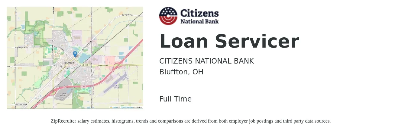 CITIZENS NATIONAL BANK job posting for a Loan Servicer in Bluffton, OH with a salary of $16 to $29 Hourly with a map of Bluffton location.