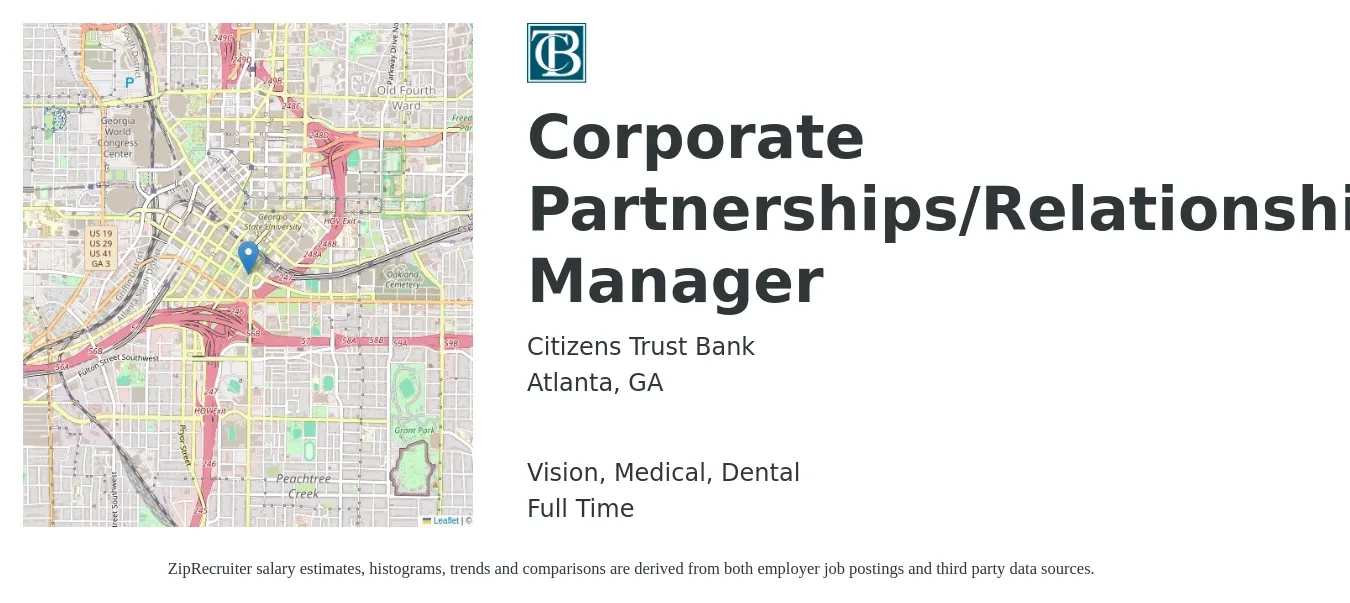 Citizens Trust Bank job posting for a Corporate Partnerships/Relationship Manager in Atlanta, GA with a salary of $48,600 to $101,500 Yearly and benefits including dental, life_insurance, medical, retirement, and vision with a map of Atlanta location.