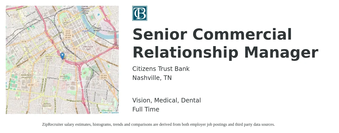 Citizens Trust Bank job posting for a Senior Commercial Relationship Manager in Nashville, TN with a salary of $80,200 to $112,500 Yearly and benefits including retirement, vision, dental, life_insurance, and medical with a map of Nashville location.