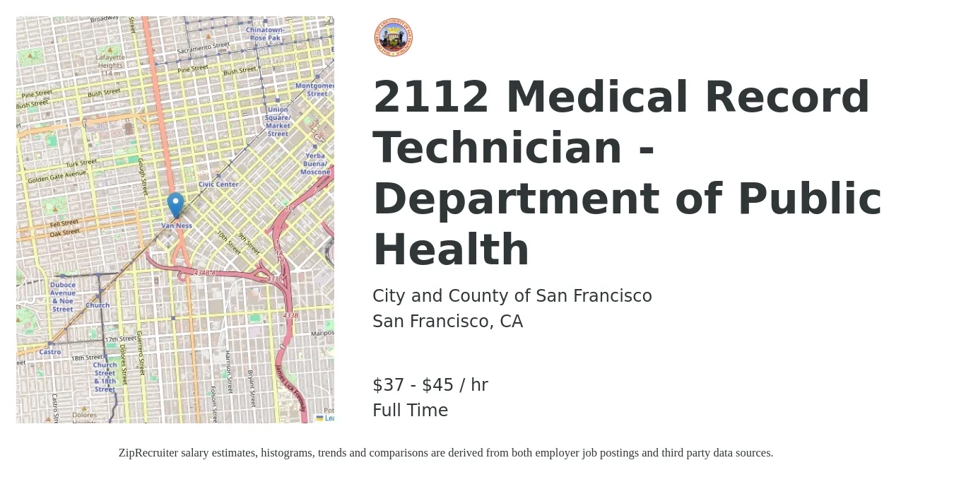 City and County of San Francisco job posting for a 2112 Medical Record Technician - Department of Public Health in San Francisco, CA with a salary of $39 to $48 Hourly with a map of San Francisco location.
