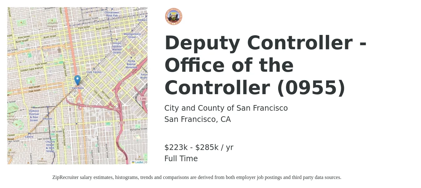 City and County of San Francisco job posting for a Deputy Controller - Office of the Controller (0955) in San Francisco, CA with a salary of $223,444 to $285,116 Yearly with a map of San Francisco location.