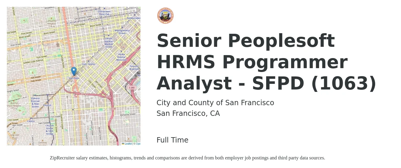 City and County of San Francisco job posting for a Senior Peoplesoft HRMS Programmer Analyst - SFPD (1063) in San Francisco, CA with a salary of $117,156 to $147,472 Yearly with a map of San Francisco location.