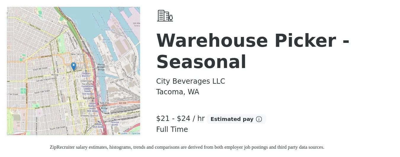 City Beverages LLC job posting for a Warehouse Picker - Seasonal in Tacoma, WA with a salary of $23 to $25 Hourly with a map of Tacoma location.