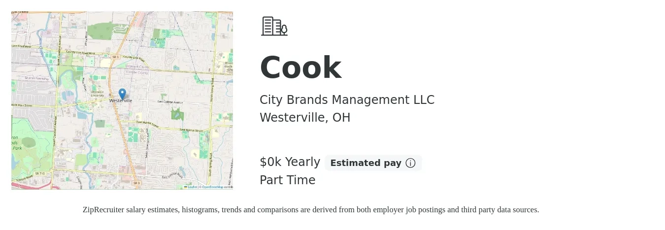 City Brands Management LLC job posting for a Cook in Westerville, OH with a salary of $14 to $16 Yearly with a map of Westerville location.