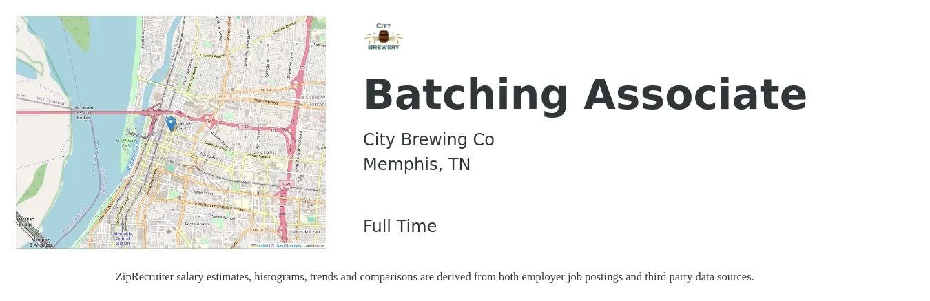 City Brewing Co job posting for a Batching Associate in Memphis, TN with a salary of $16 to $20 Hourly with a map of Memphis location.