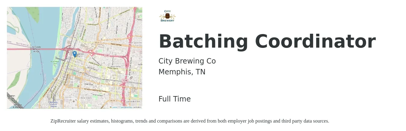 City Brewing Co job posting for a Batching Coordinator in Memphis, TN with a salary of $14 to $23 Hourly with a map of Memphis location.