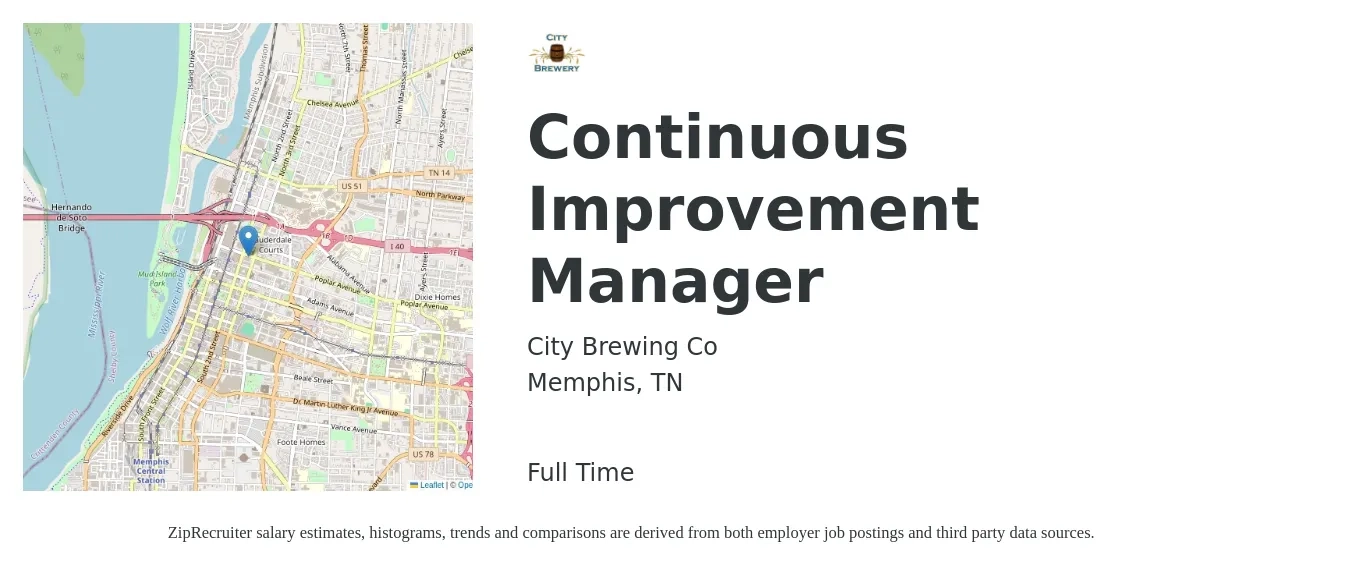 City Brewing Co job posting for a Continuous Improvement Manager in Memphis, TN with a salary of $83,300 to $112,000 Yearly with a map of Memphis location.