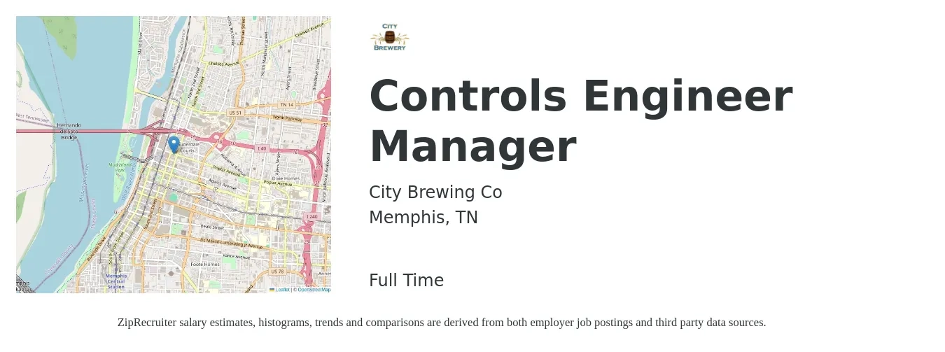 City Brewing Co job posting for a Controls Engineer Manager in Memphis, TN with a salary of $73,600 to $95,200 Yearly with a map of Memphis location.