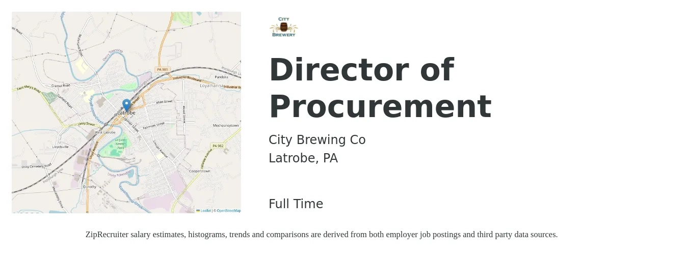 City Brewing Co job posting for a Director of Procurement in Latrobe, PA with a salary of $90,800 to $144,300 Yearly with a map of Latrobe location.