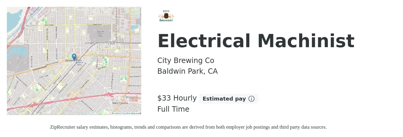 City Brewing Co job posting for a Electrical Machinist in Baldwin Park, CA with a salary of $35 Hourly with a map of Baldwin Park location.