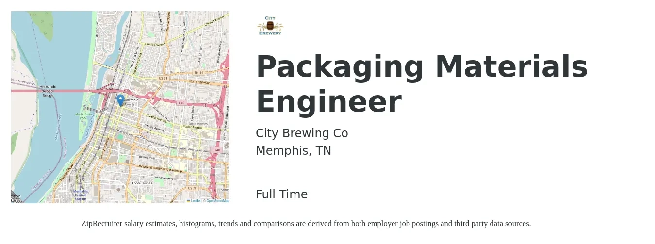 City Brewing Co job posting for a Packaging Materials Engineer in Memphis, TN with a salary of $30 to $45 Hourly with a map of Memphis location.