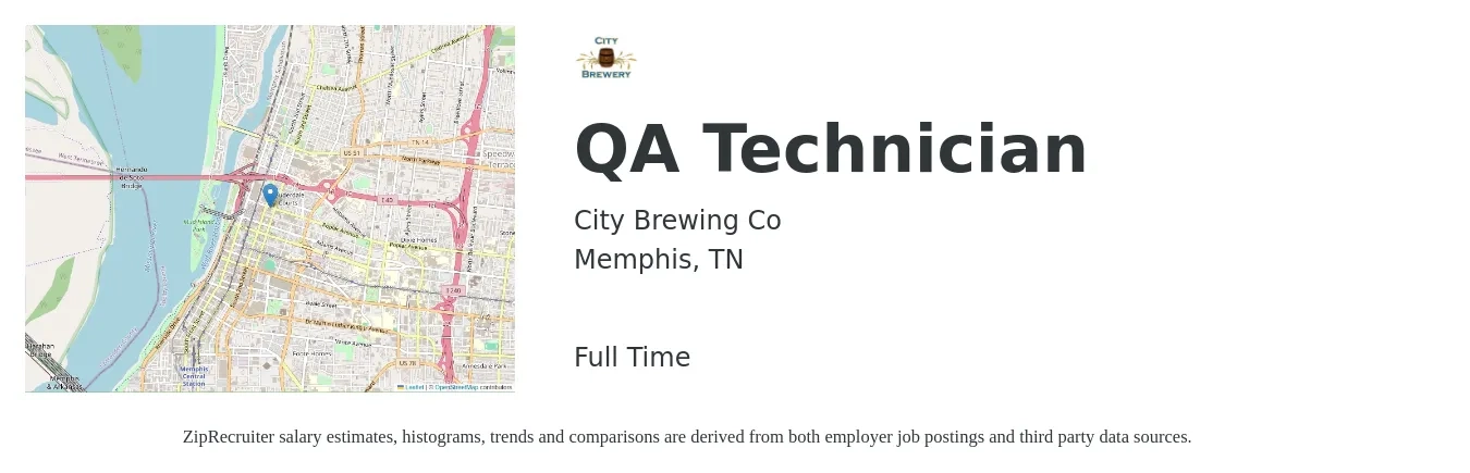 City Brewing Co job posting for a QA Technician in Memphis, TN with a salary of $16 to $22 Hourly with a map of Memphis location.
