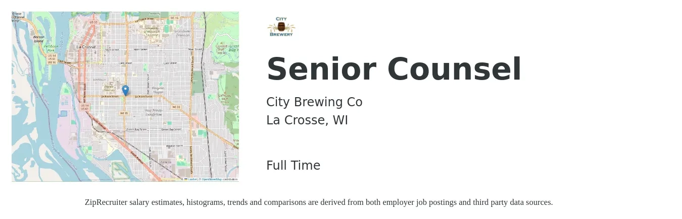 City Brewing Co job posting for a Senior Counsel in La Crosse, WI with a salary of $136,900 to $186,000 Yearly with a map of La Crosse location.