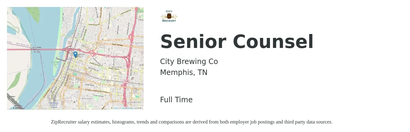 City Brewing Co job posting for a Senior Counsel in Memphis, TN with a salary of $123,000 to $167,100 Yearly with a map of Memphis location.