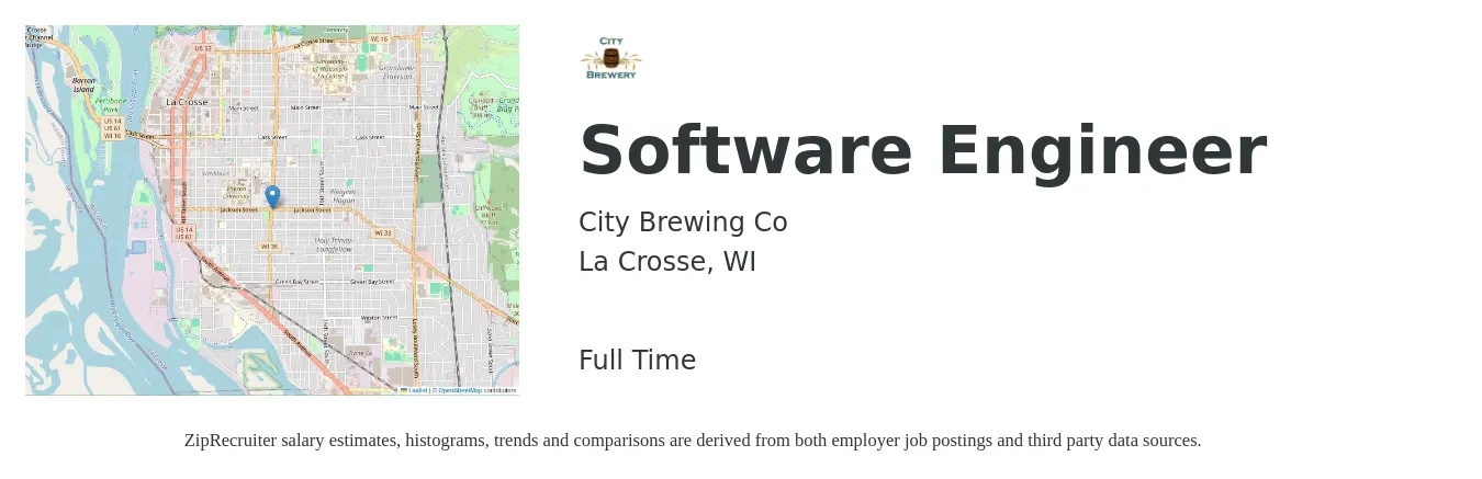 City Brewing Co job posting for a Software Engineer in La Crosse, WI with a salary of $117,800 to $169,800 Yearly with a map of La Crosse location.