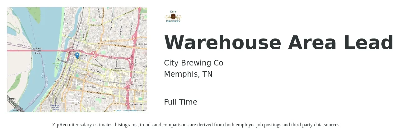 City Brewing Co job posting for a Warehouse Area Lead in Memphis, TN with a salary of $16 to $20 Hourly with a map of Memphis location.
