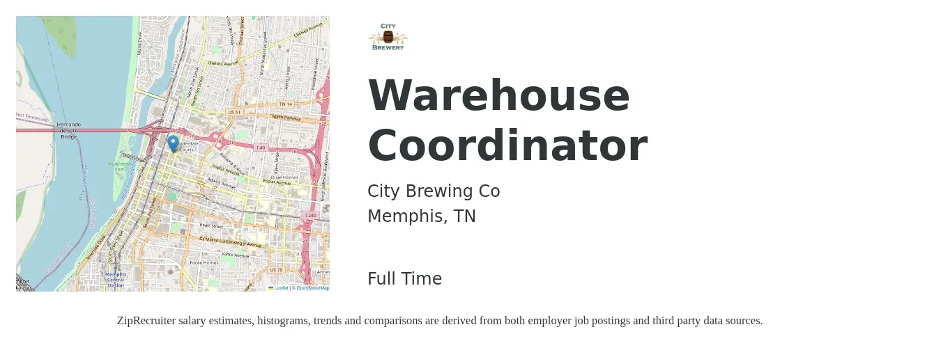 City Brewing Co job posting for a Warehouse Coordinator in Memphis, TN with a salary of $16 to $20 Hourly with a map of Memphis location.
