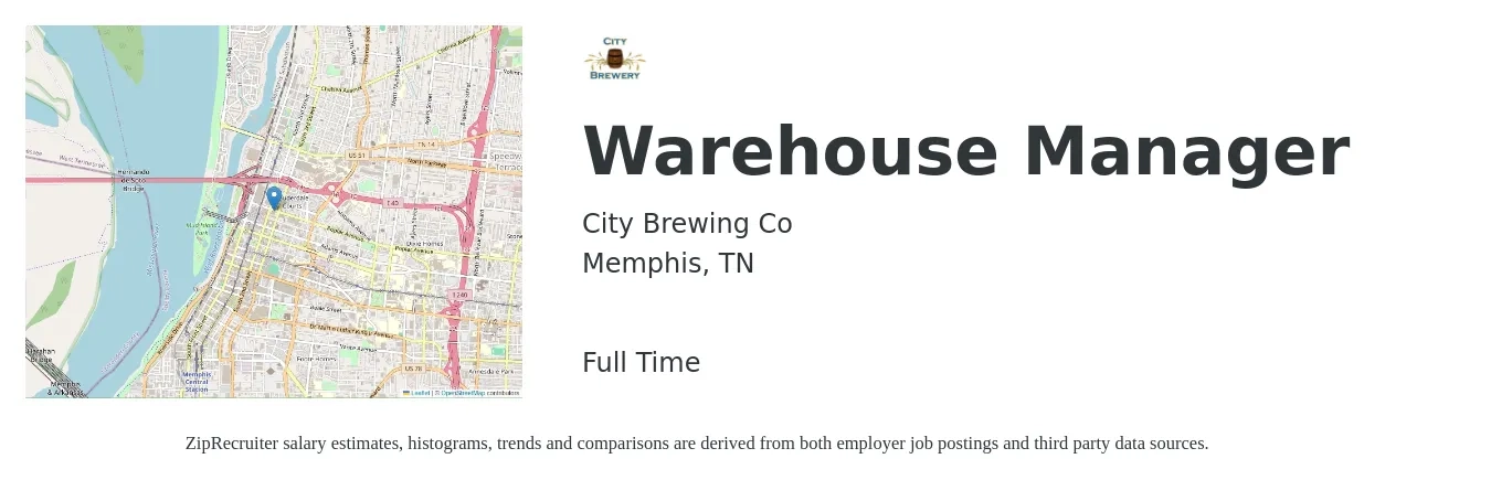 City Brewing Co job posting for a Warehouse Manager in Memphis, TN with a salary of $41,000 to $58,200 Yearly with a map of Memphis location.